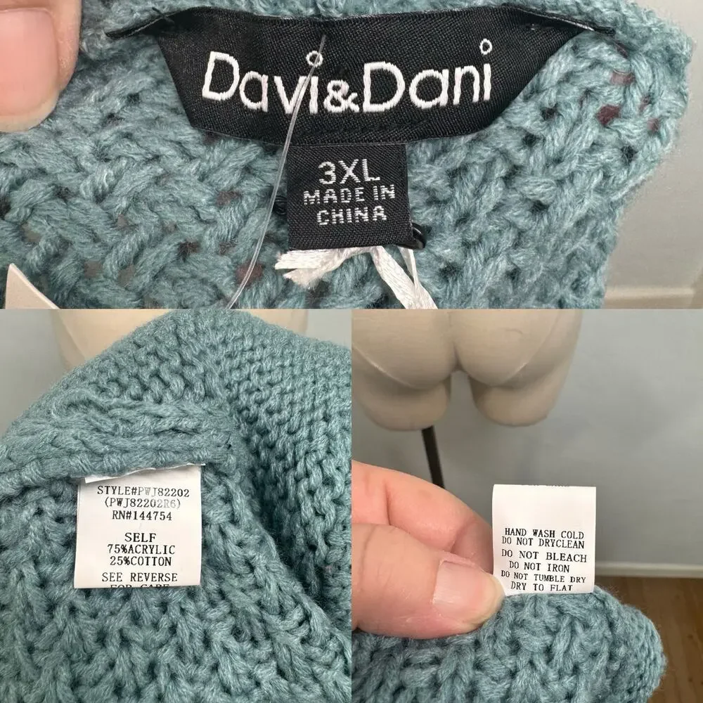 NWT Davi & Dani Dolman Sleeve Knit Pattern Cardigan Blue Casual Boho Size 3XL